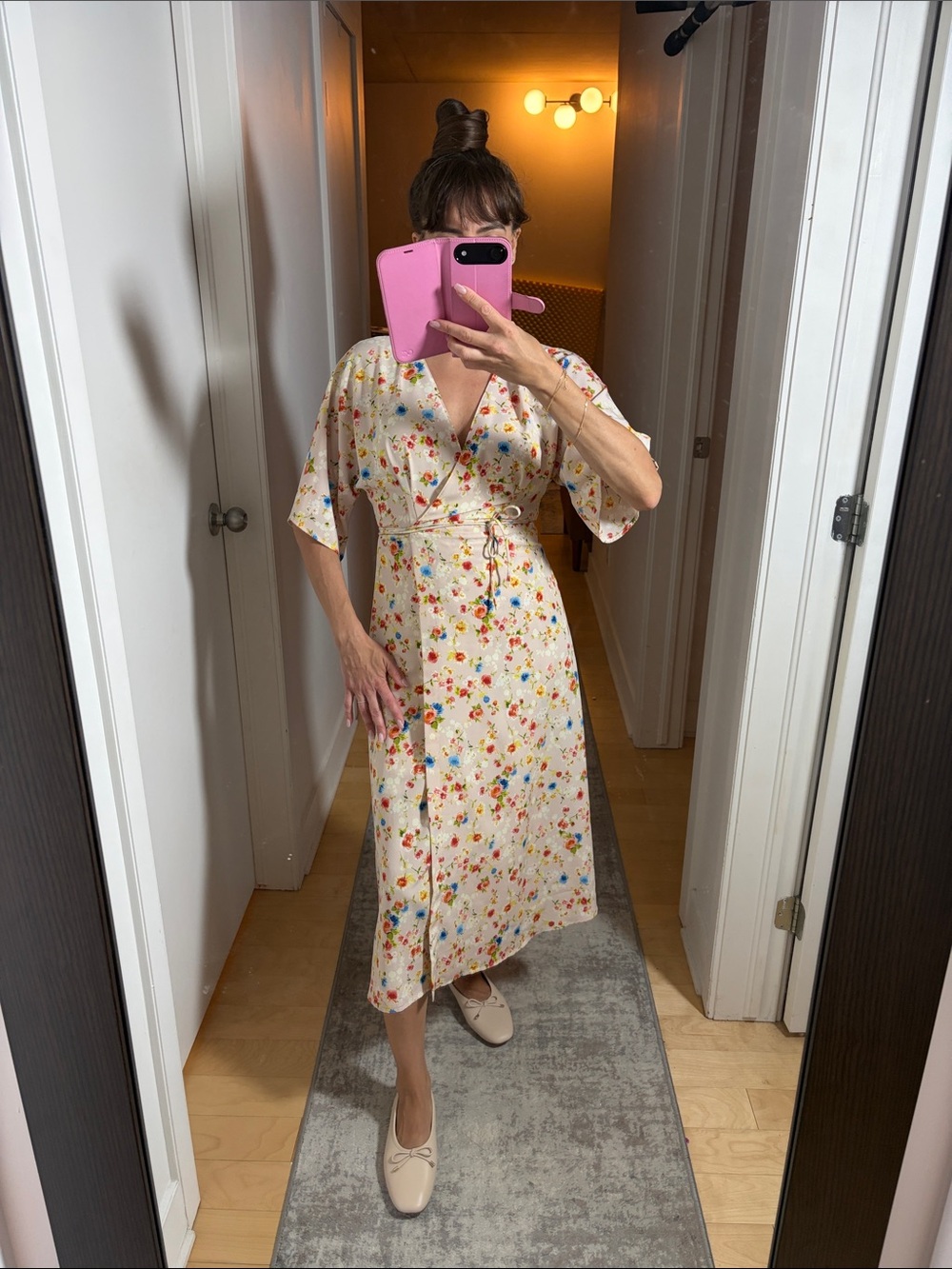 Cream Floral Wrap Midi Dress with Tie Waist